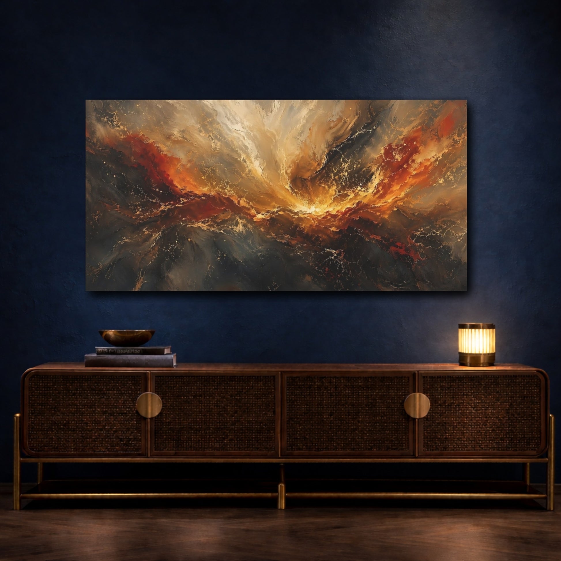 Mockup 4. Abstract Cosmic Energy Abstract Gold And Red shown as stretched canvas wall art