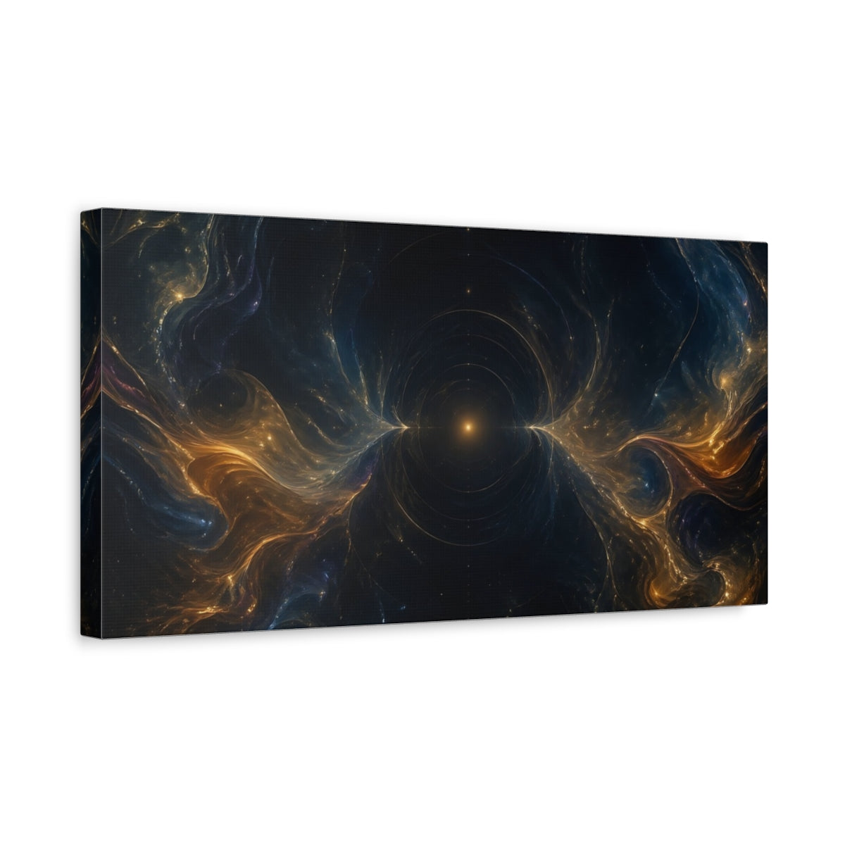 Side Mockup 3. Abstract Cosmic Energy Dark Gold Blue shown as stretched canvas wall art