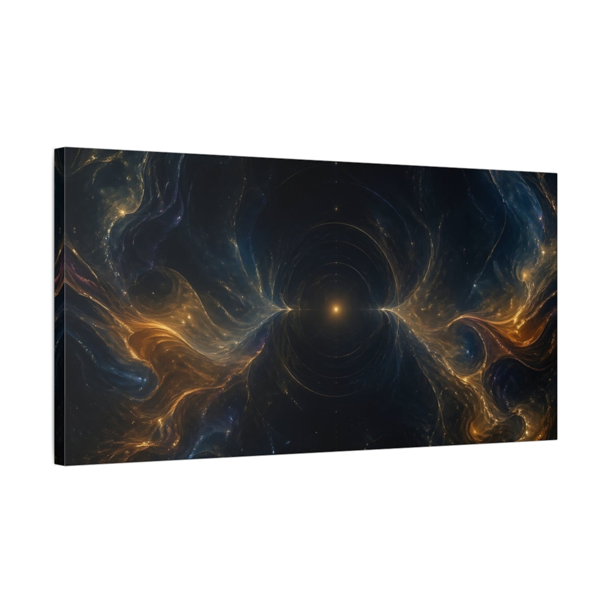Side Mockup 1. Abstract Cosmic Energy Dark Gold Blue shown as stretched canvas wall art
