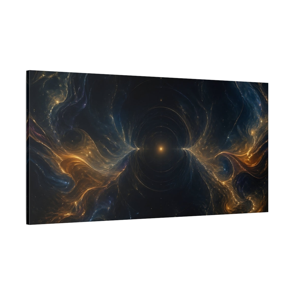 Side Mockup 2. Abstract Cosmic Energy Dark Gold Blue shown as stretched canvas wall art