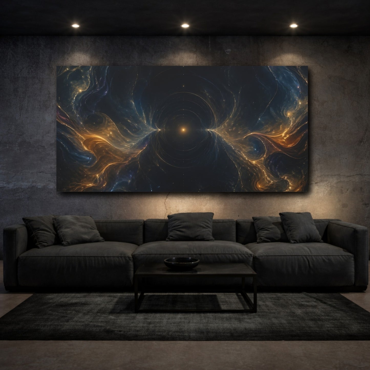 Mockup 2. Abstract Cosmic Energy Dark Gold Blue shown as stretched canvas wall art