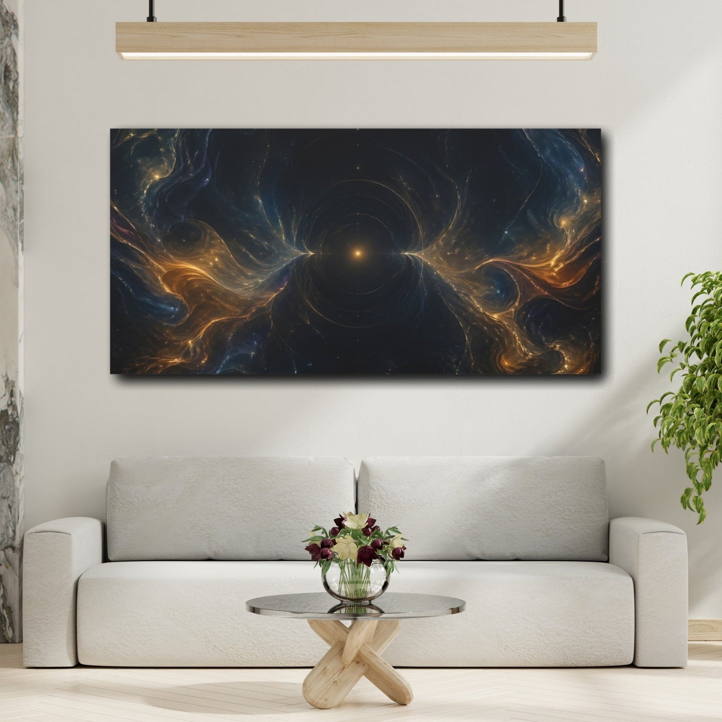 Mockup 3. Abstract Cosmic Energy Dark Gold Blue shown as stretched canvas wall art
