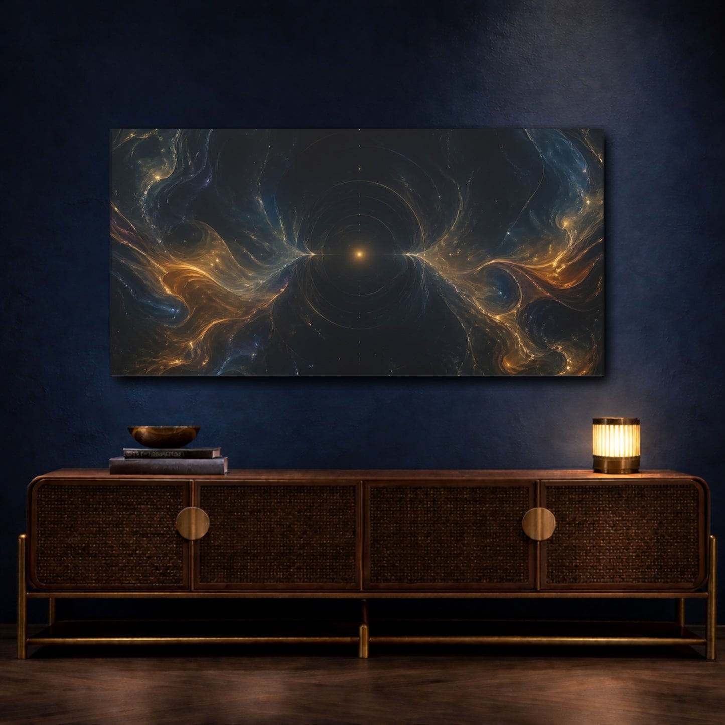 Mockup 4. Abstract Cosmic Energy Dark Gold Blue shown as stretched canvas wall art