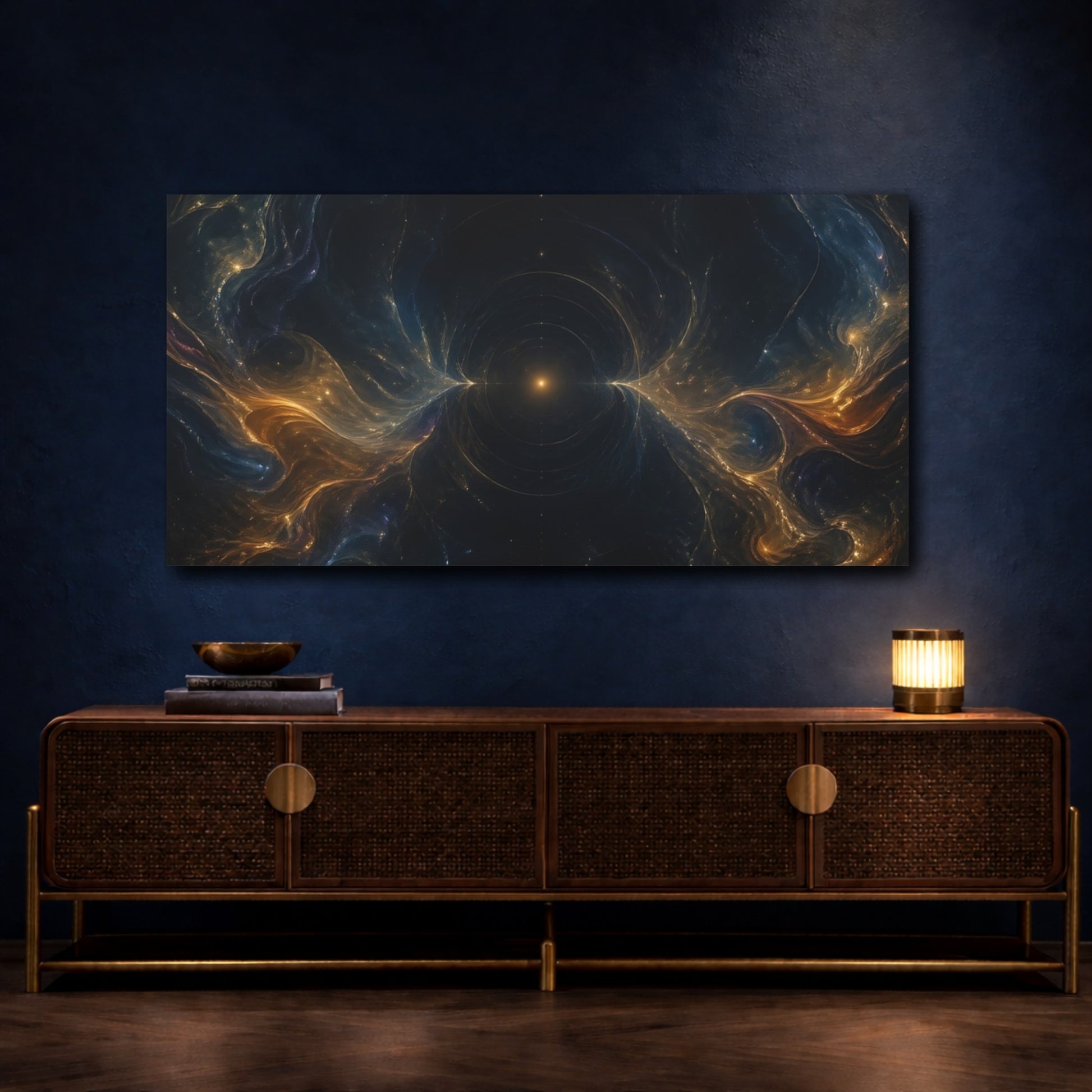 Mockup 4. Abstract Cosmic Energy Dark Gold Blue shown as stretched canvas wall art