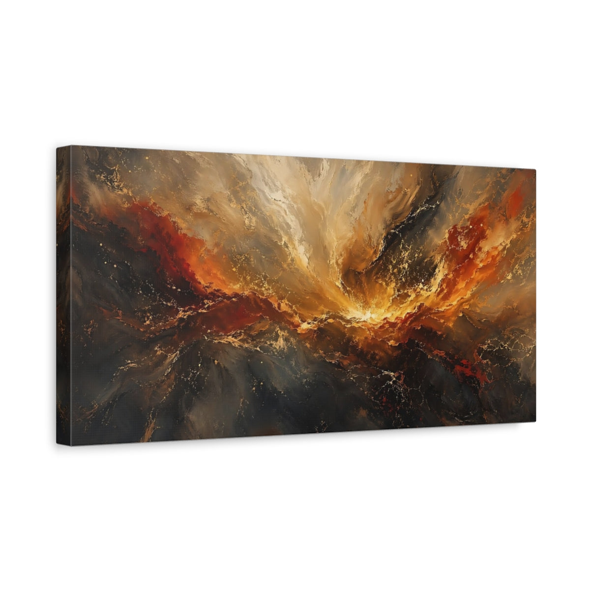 Side Mockup 3. Abstract Cosmic Energy Abstract Gold And Red shown as stretched canvas wall art