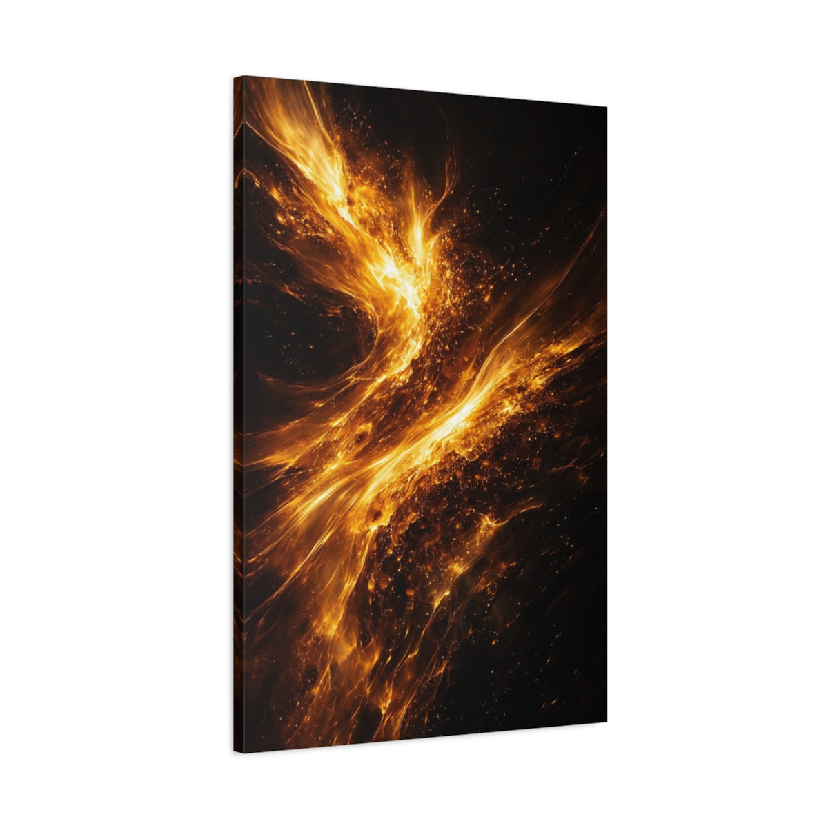 Side Mockup 1. Abstract Cosmic Fire Golden Fire Abstract shown as stretched canvas wall art