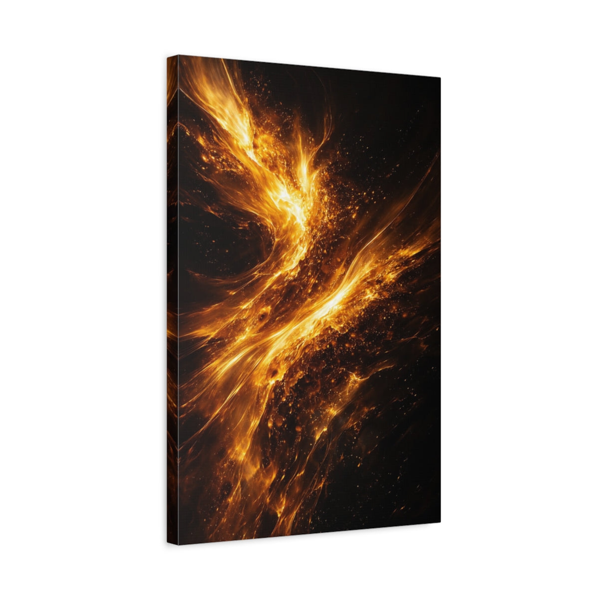 Side Mockup 3. Abstract Cosmic Fire Golden Fire Abstract shown as stretched canvas wall art