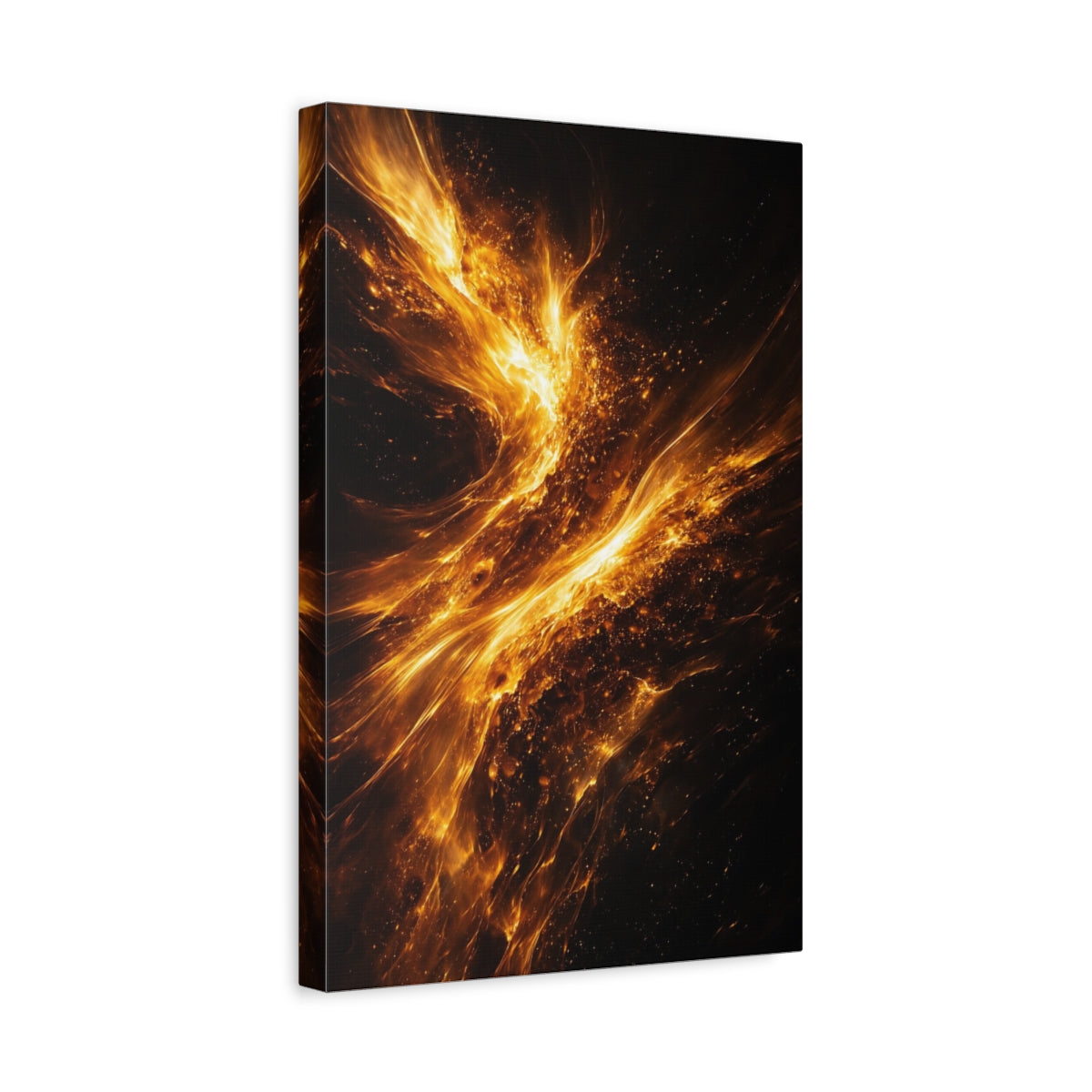 Side Mockup 4. Abstract Cosmic Fire Golden Fire Abstract shown as stretched canvas wall art
