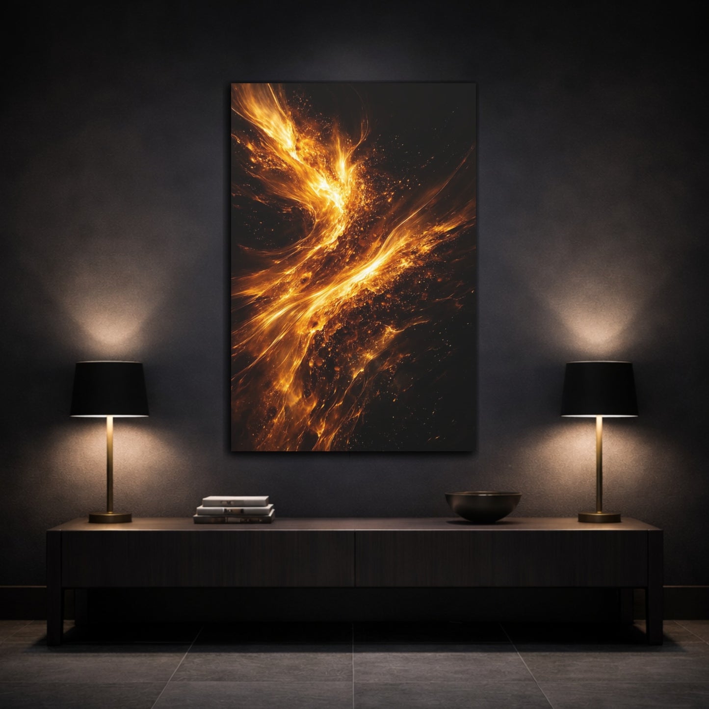 Mockup 2. Abstract Cosmic Fire Golden Fire Abstract shown as stretched canvas wall art