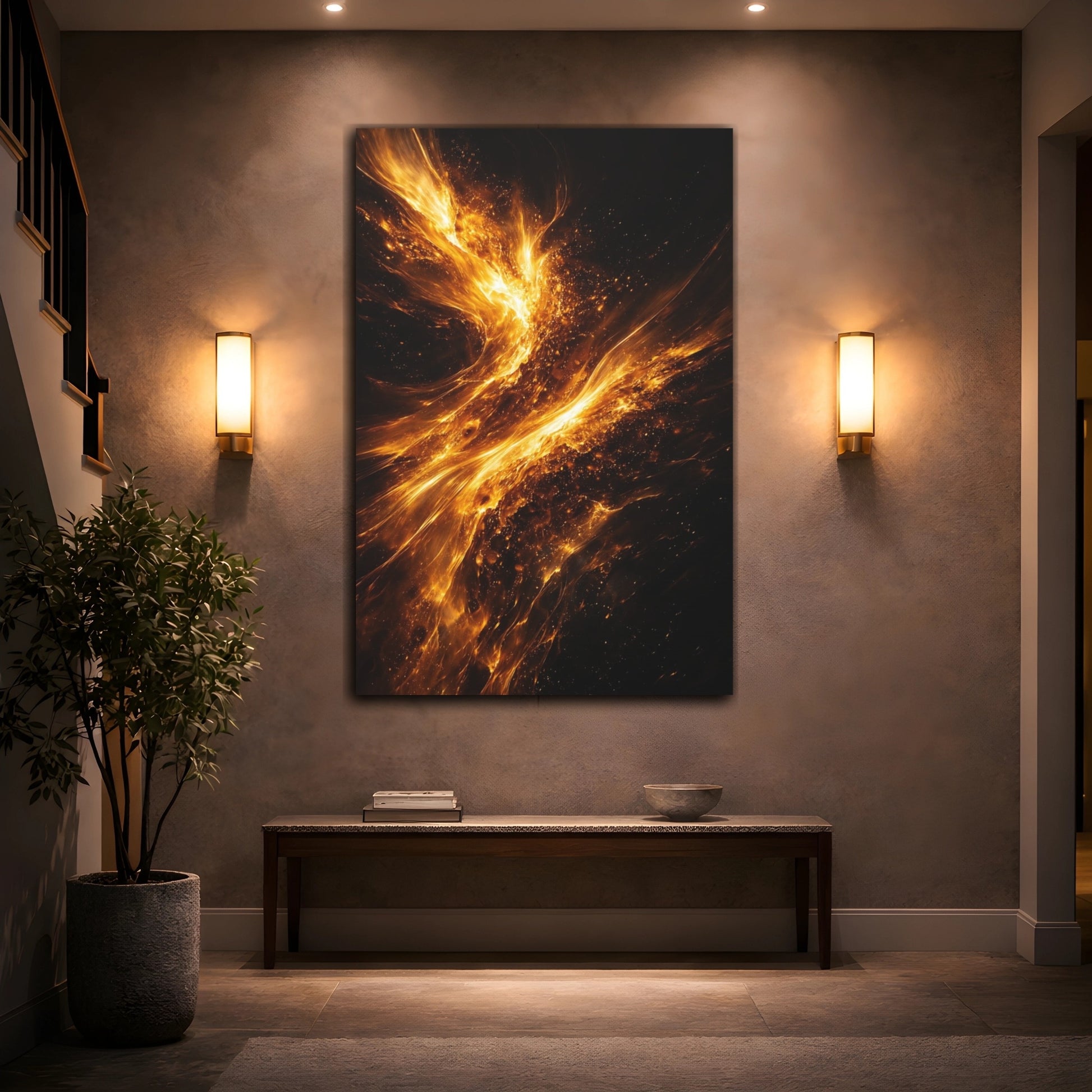 Mockup 3. Abstract Cosmic Fire Golden Fire Abstract shown as stretched canvas wall art