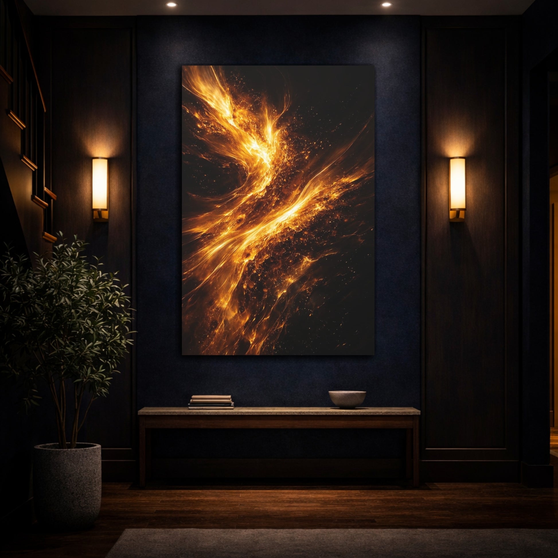 Mockup 4. Abstract Cosmic Fire Golden Fire Abstract shown as stretched canvas wall art