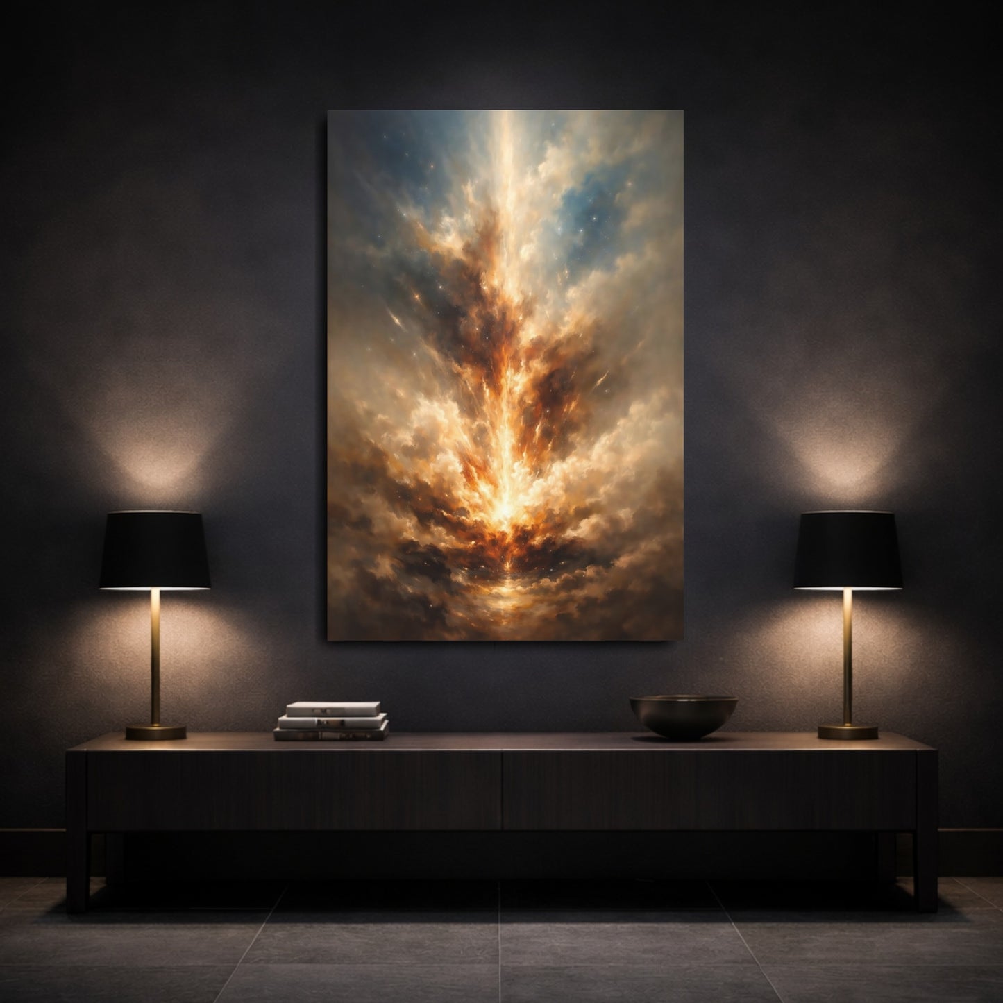 Mockup 2. Abstract Cosmic Light Gold Blue Abstract shown as stretched canvas wall art