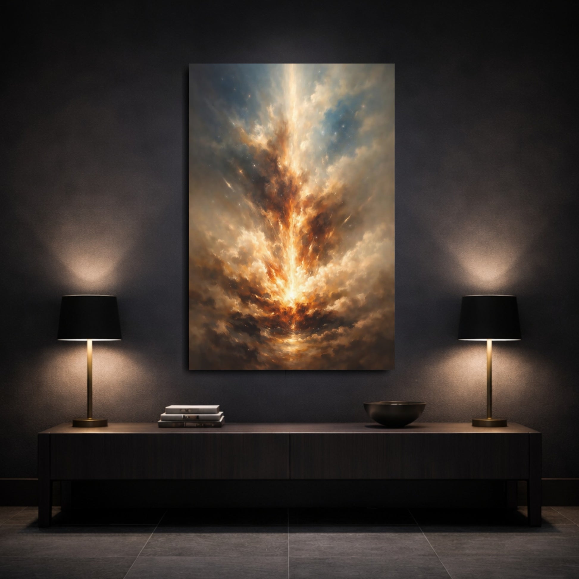 Mockup 2. Abstract Cosmic Light Gold Blue Abstract shown as stretched canvas wall art