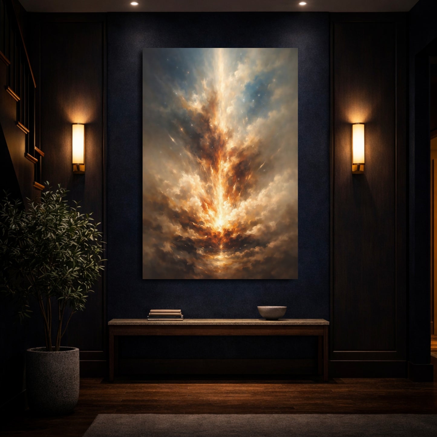 Mockup 3. Abstract Cosmic Light Gold Blue Abstract shown as stretched canvas wall art