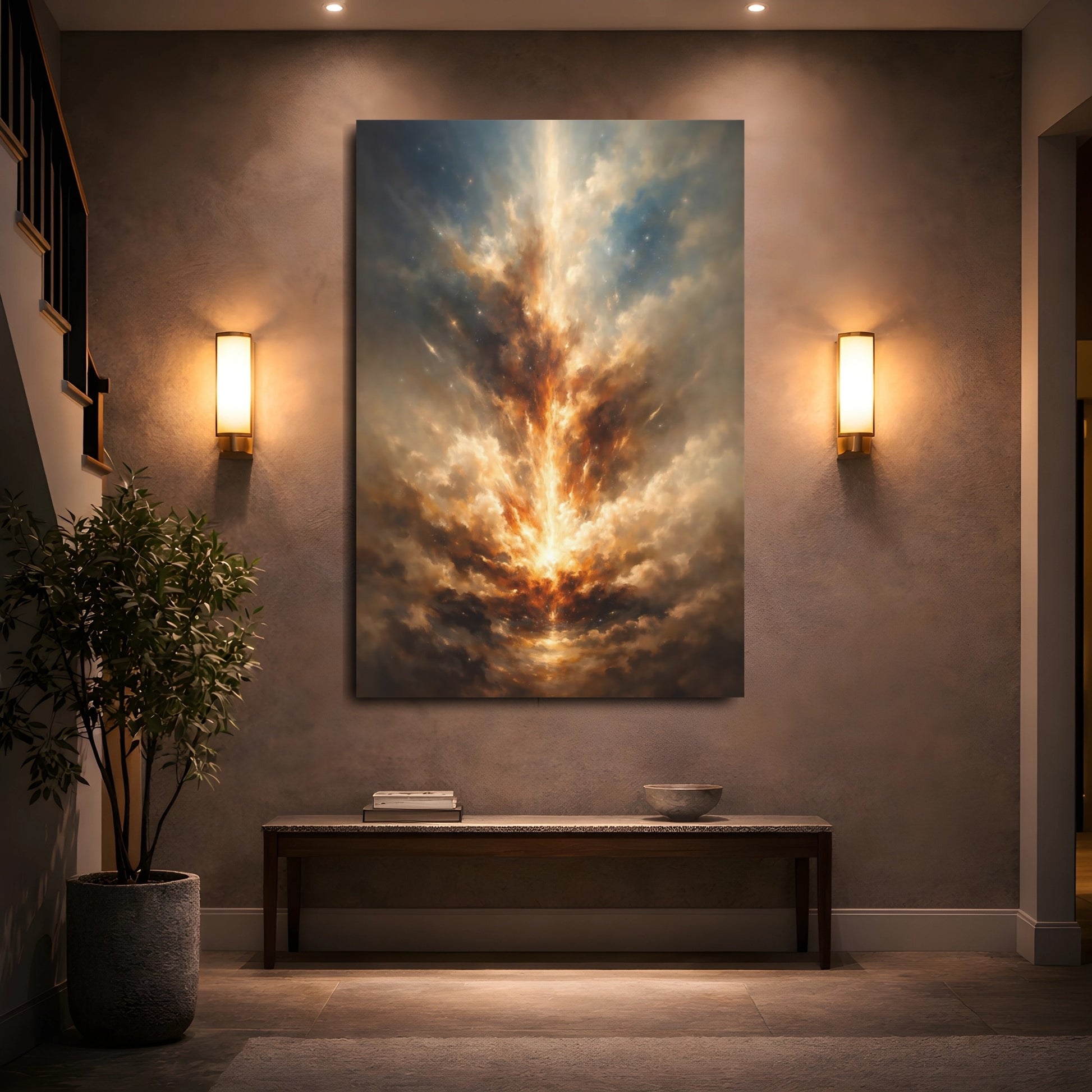 Mockup 4. Abstract Cosmic Light Gold Blue Abstract shown as stretched canvas wall art