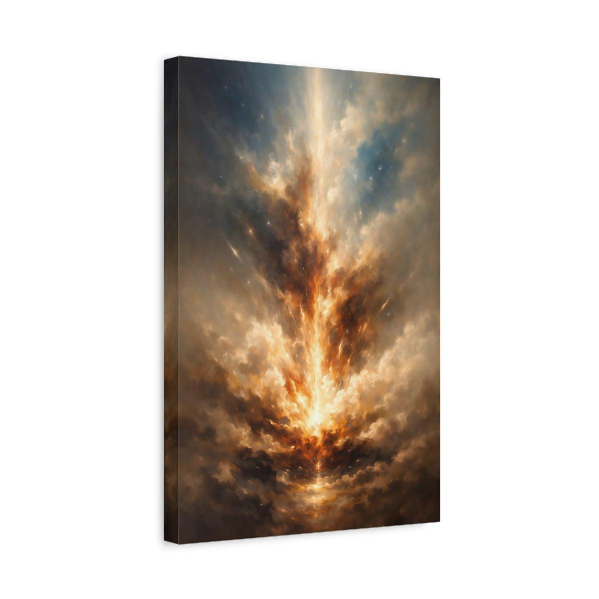 Side Mockup 4. Abstract Cosmic Light Gold Blue Abstract shown as stretched canvas wall art