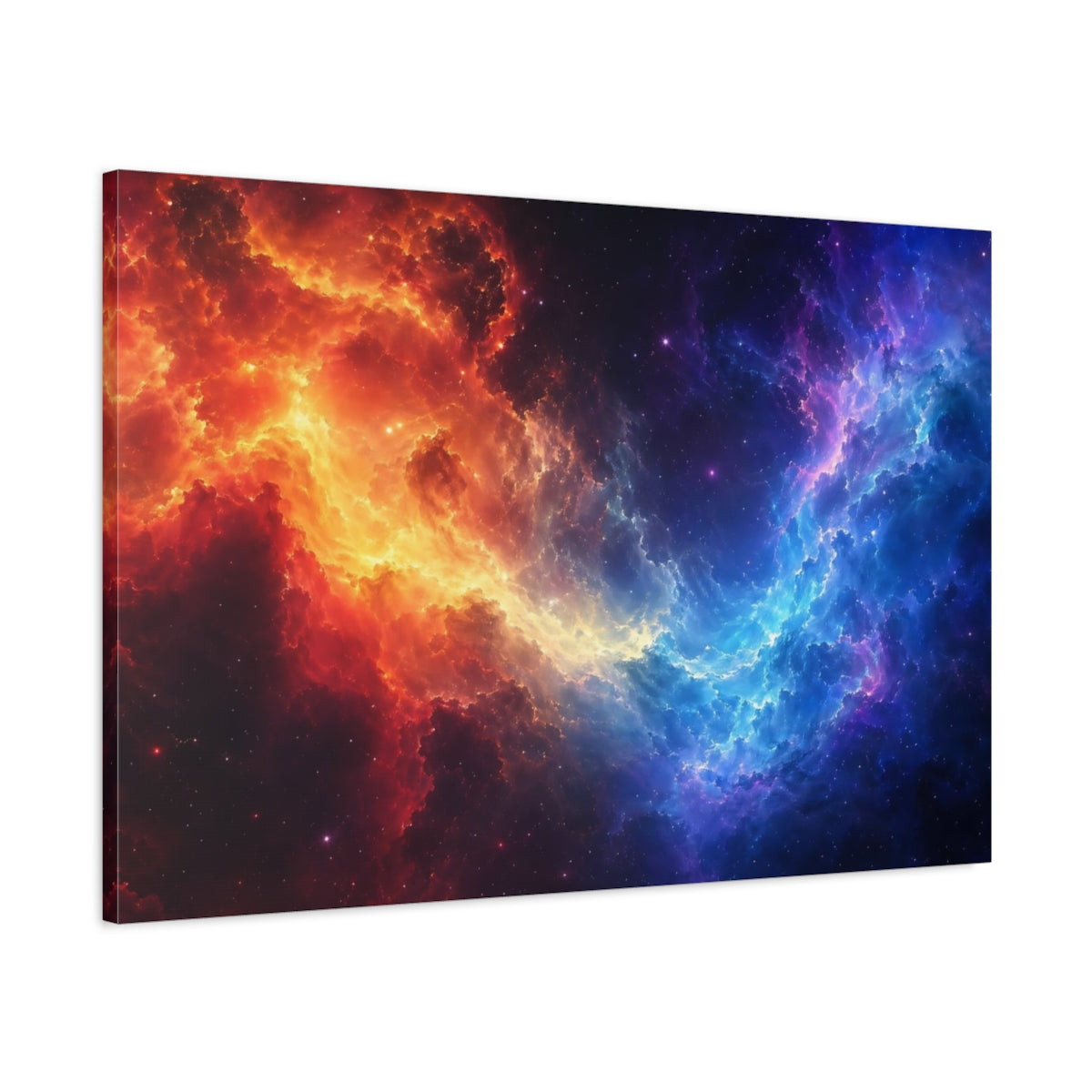 Main Mockup. Abstract Cosmic Nebula Orange And Blue shown as stretched canvas wall art