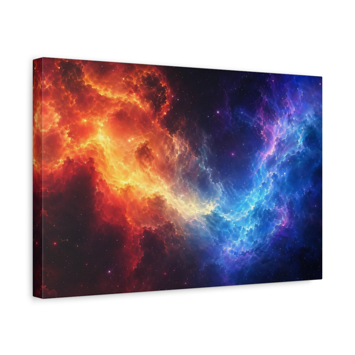 Side Mockup 4. Abstract Cosmic Nebula Orange And Blue shown as stretched canvas wall art