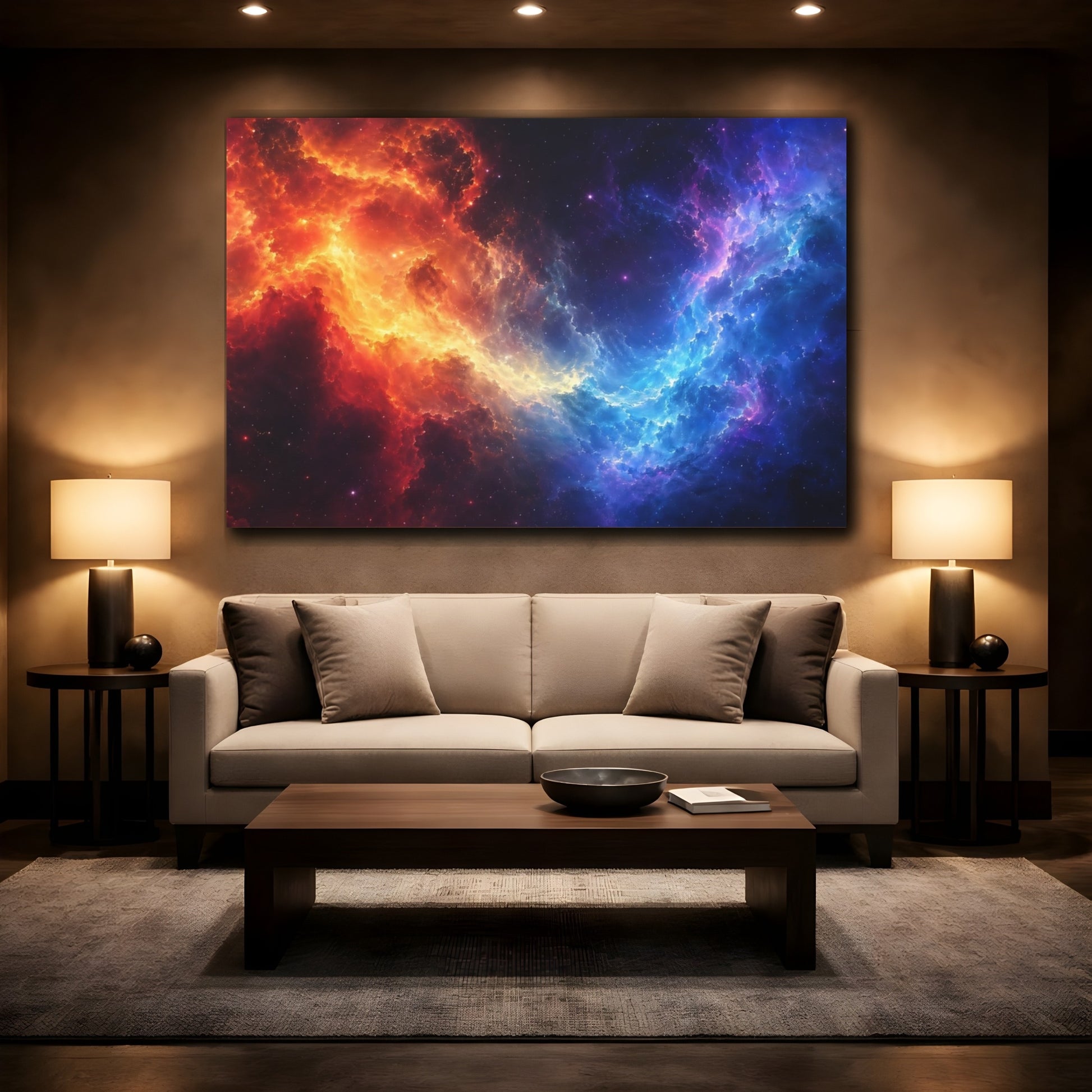 Mockup 2. Abstract Cosmic Nebula Orange And Blue shown as stretched canvas wall art