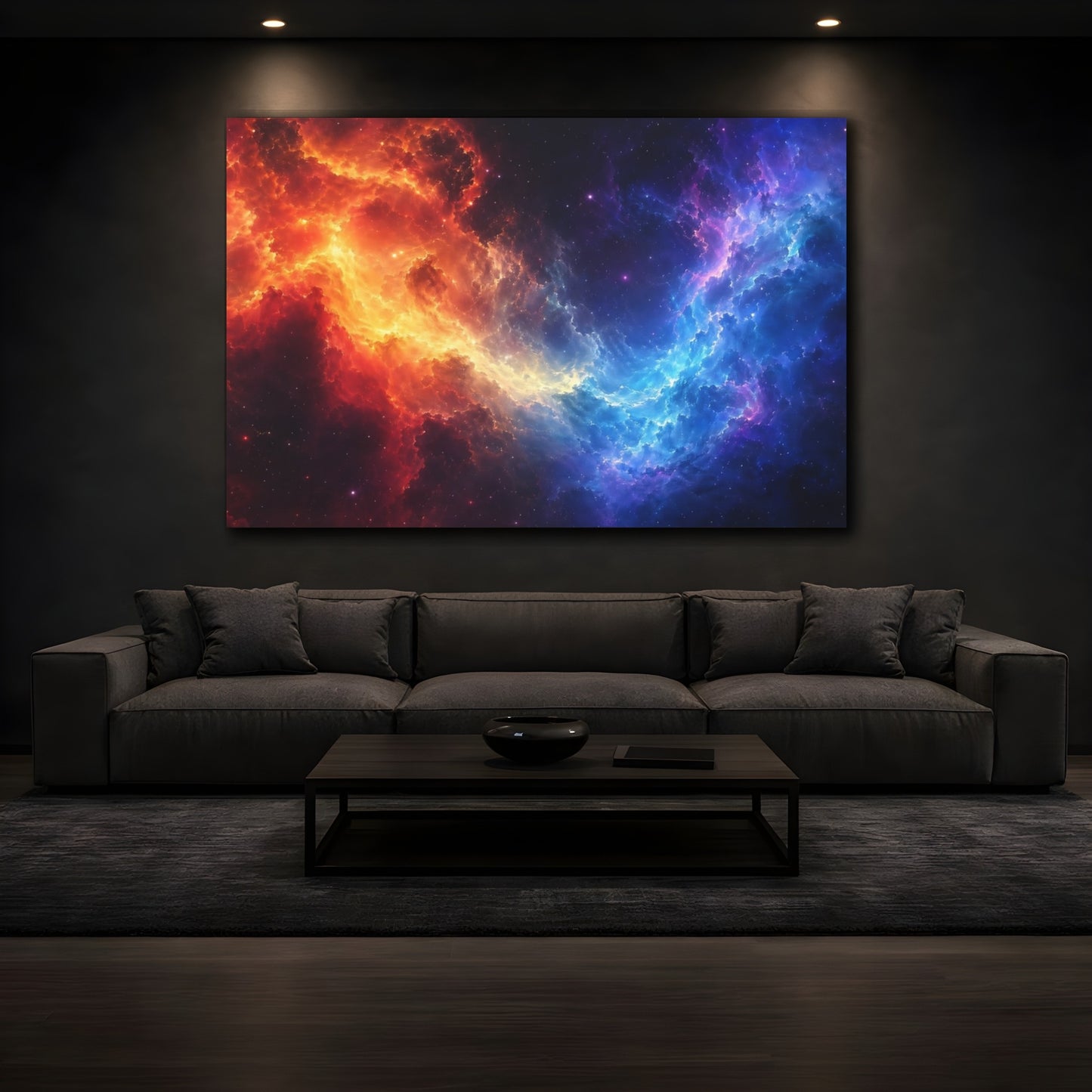 Mockup 3. Abstract Cosmic Nebula Orange And Blue shown as stretched canvas wall art