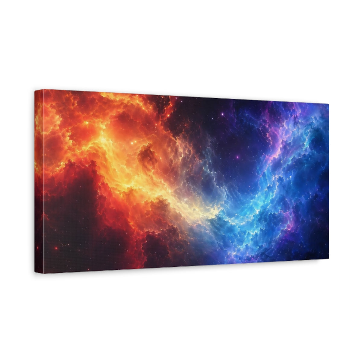 Side Mockup 3. Abstract Cosmic Nebula Red Blue Nebula shown as stretched canvas wall art