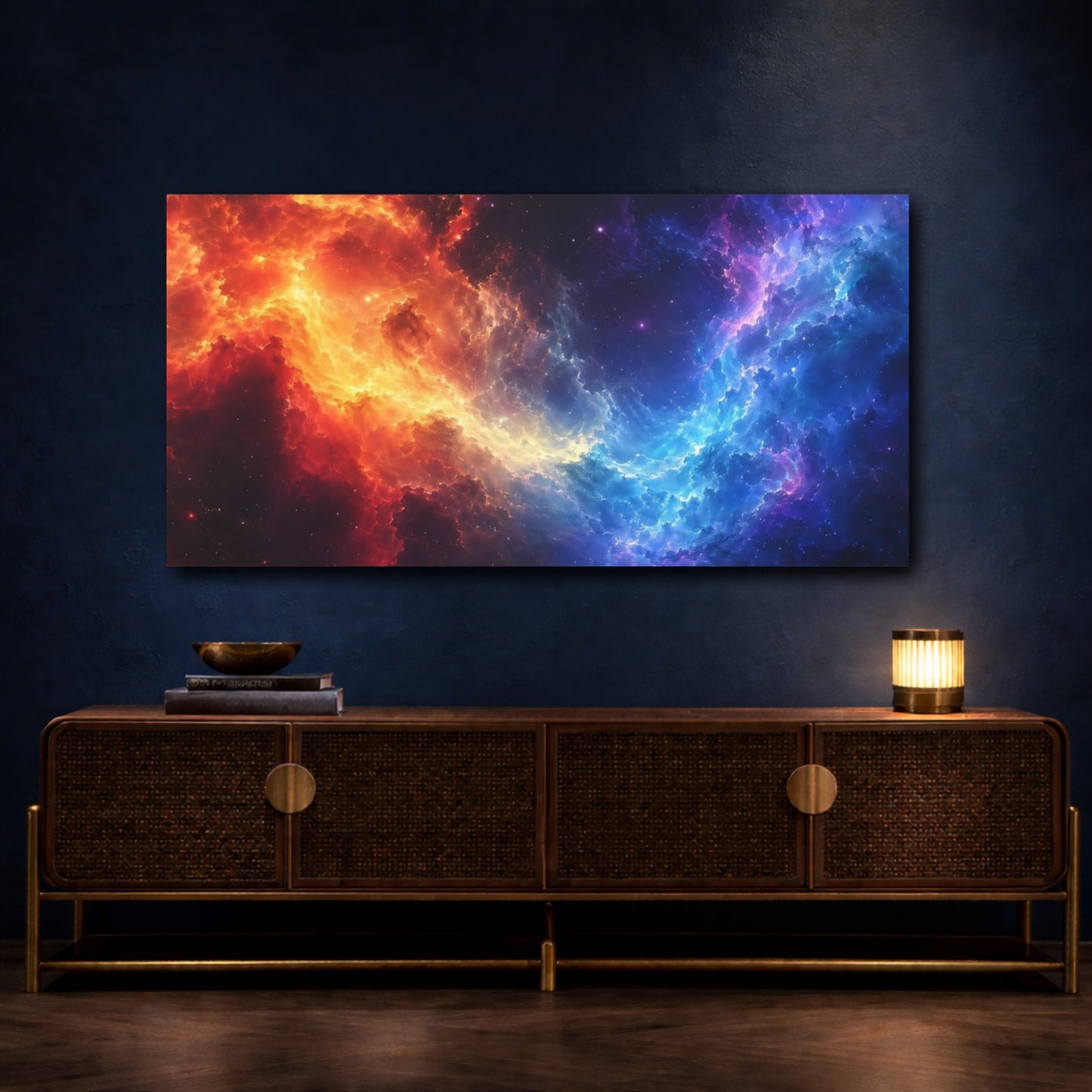 Mockup 4. Abstract Cosmic Nebula Red Blue Nebula shown as stretched canvas wall art