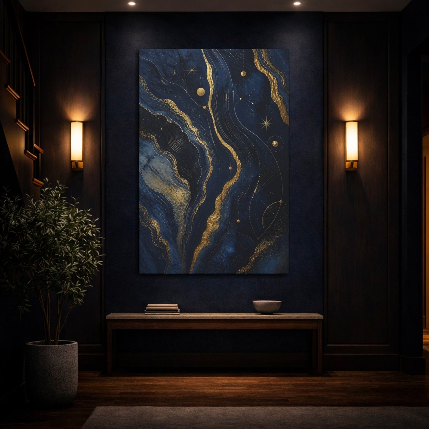 Abstract Cosmic Swirl Navy Gold Canvas Print – Living Room, Above Console Table - YesArtYes