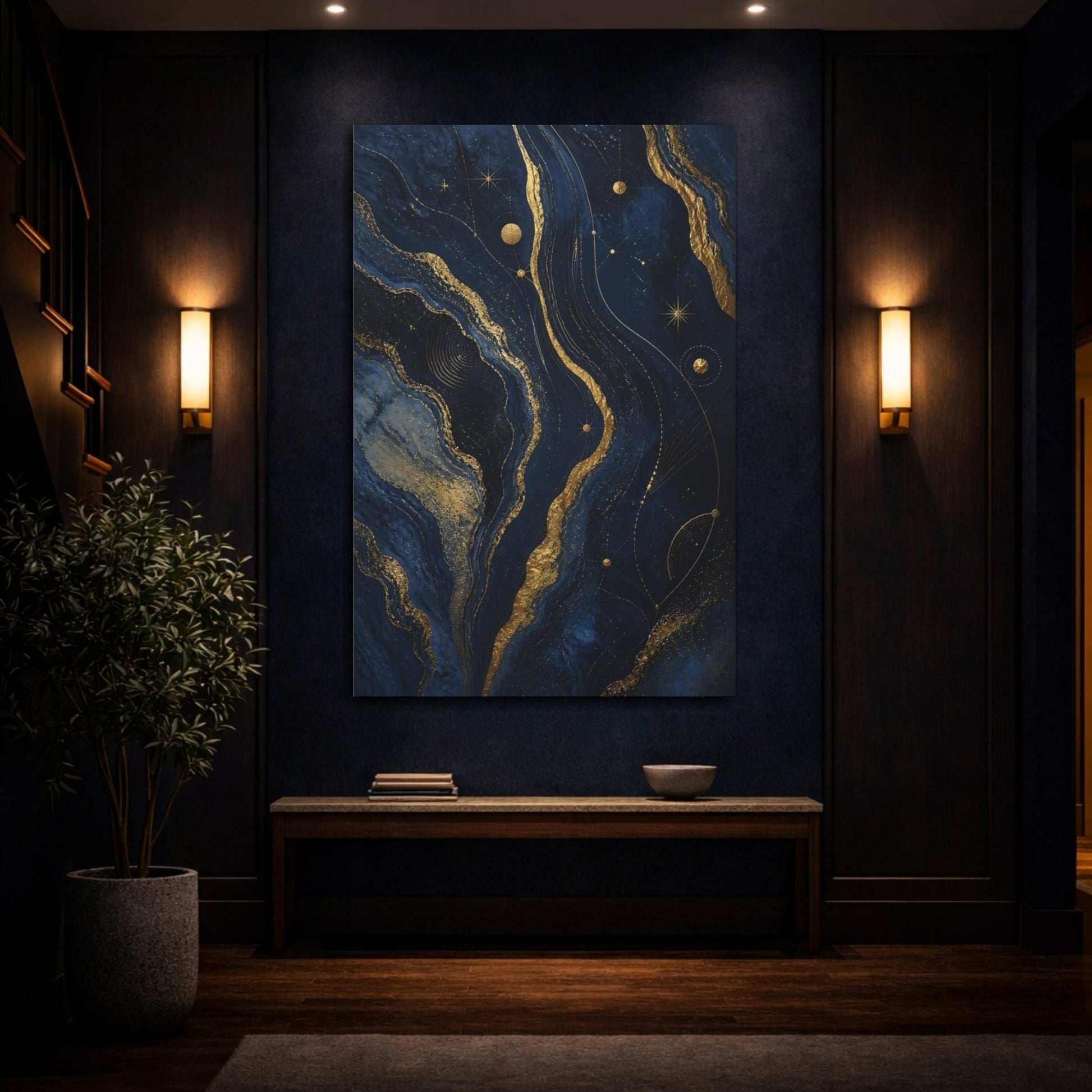 Abstract Cosmic Swirl Navy Gold Canvas Print – Living Room, Above Console Table - YesArtYes