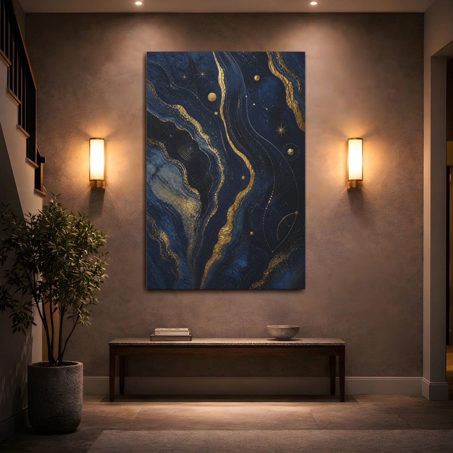 Abstract Cosmic Swirl Navy Gold Canvas Print – Living Room, Above Console Table - YesArtYes