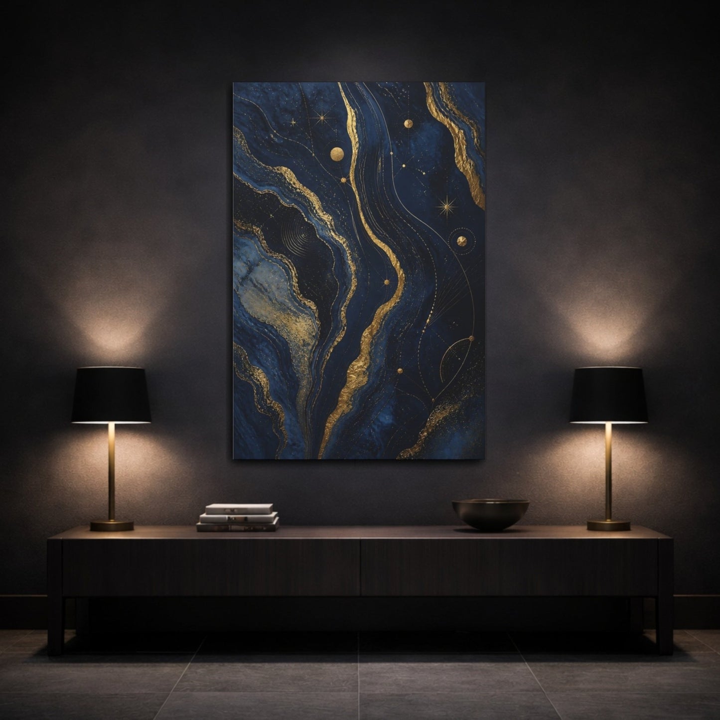 Abstract Cosmic Swirl Navy Gold Canvas Print – Living Room, Above Console Table - YesArtYes