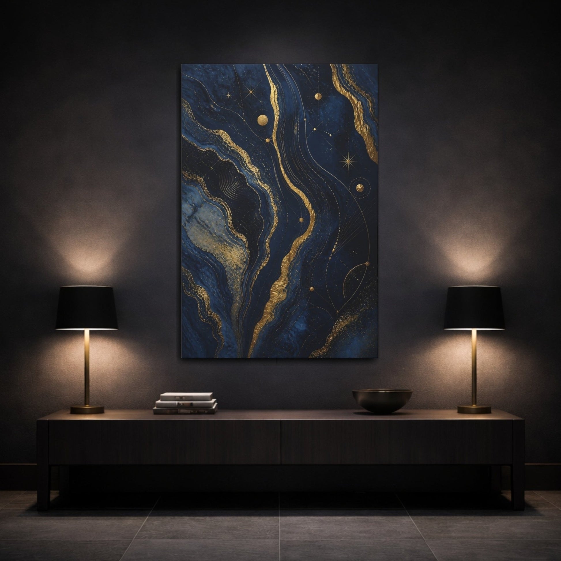Abstract Cosmic Swirl Navy Gold Canvas Print – Living Room, Above Console Table - YesArtYes