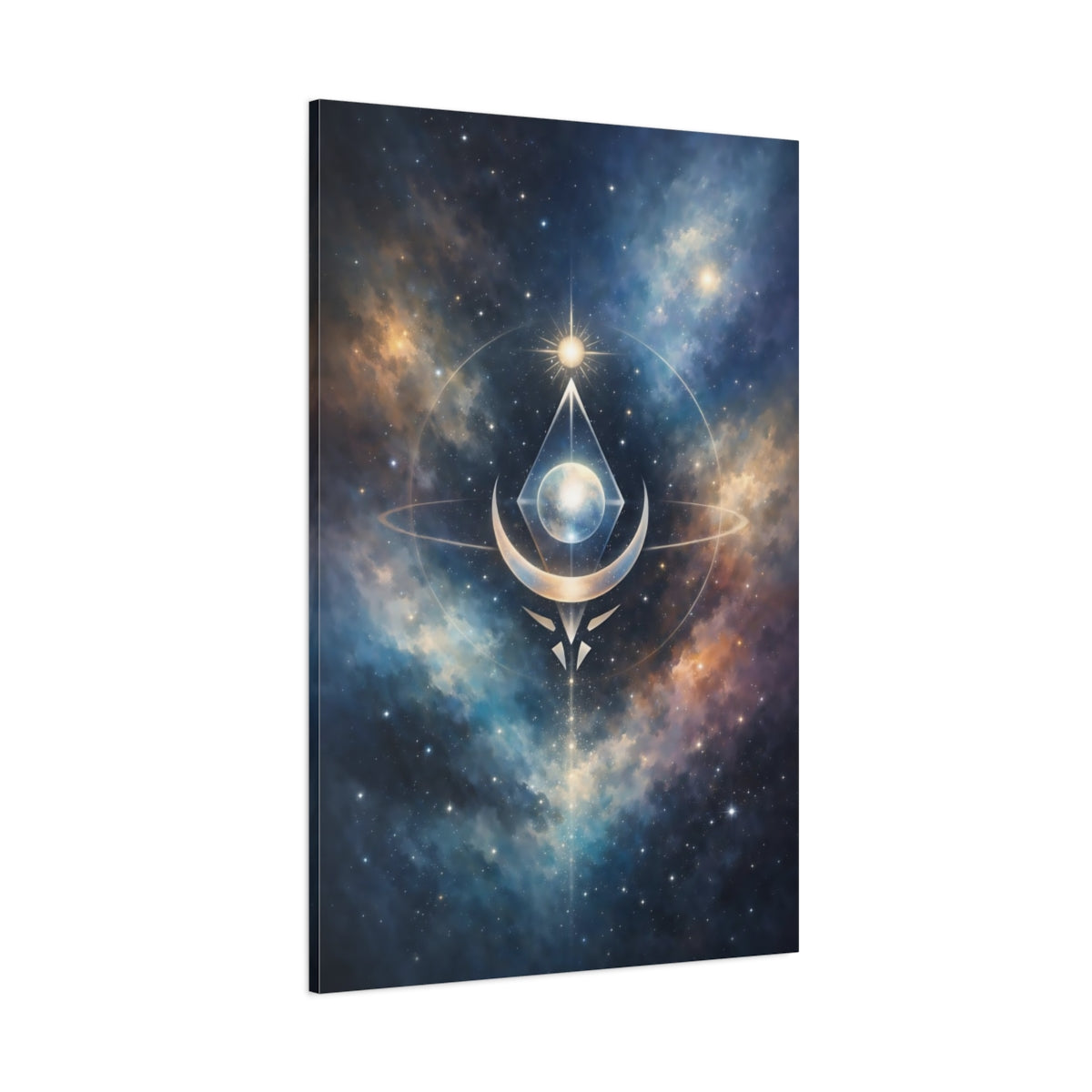 Main Mockup. Abstract Cosmic Symbol Celestial Blue Gold shown as stretched canvas wall art