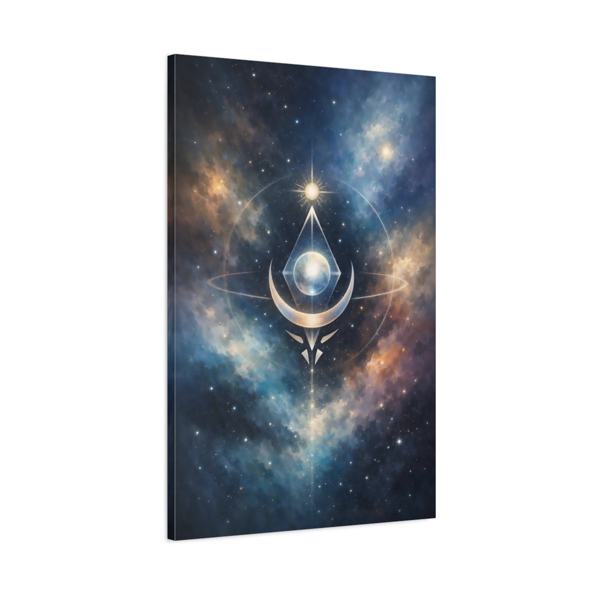 Side Mockup 1. Abstract Cosmic Symbol Celestial Blue Gold shown as stretched canvas wall art
