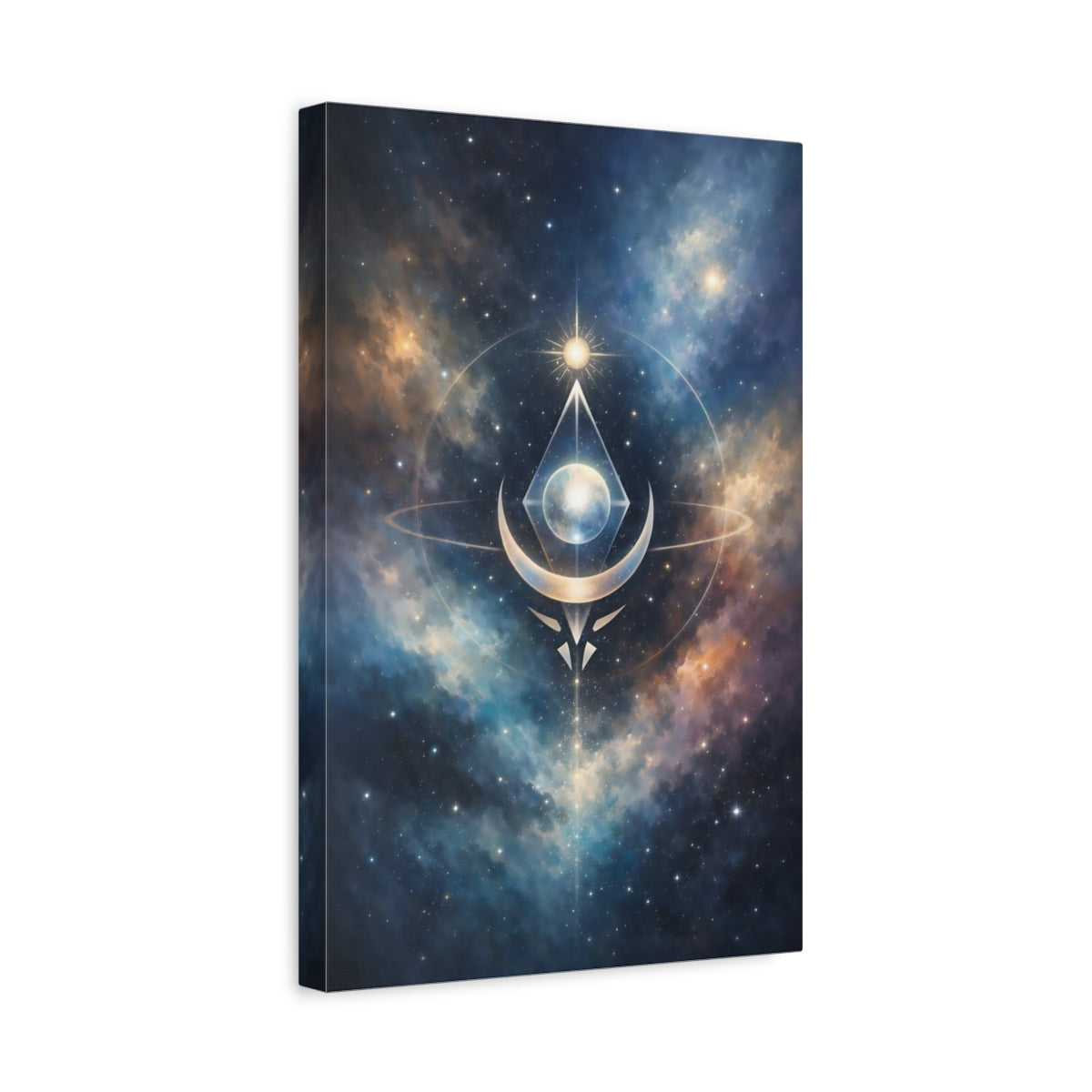 Side Mockup 4. Abstract Cosmic Symbol Celestial Blue Gold shown as stretched canvas wall art