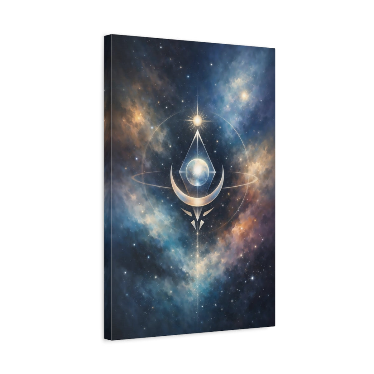 Side Mockup 3. Abstract Cosmic Symbol Celestial Blue Gold shown as stretched canvas wall art
