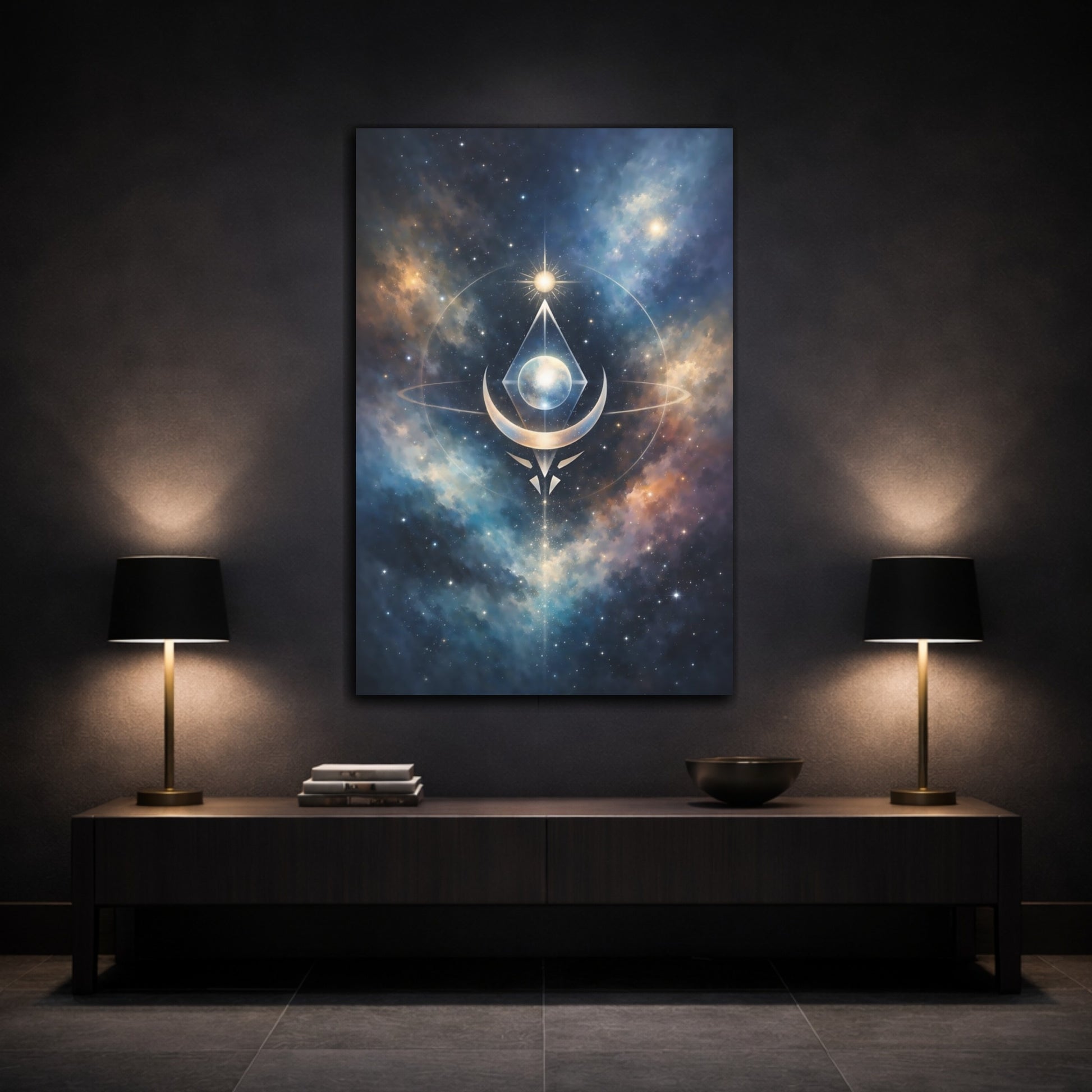 Mockup 2. Abstract Cosmic Symbol Celestial Blue Gold shown as stretched canvas wall art