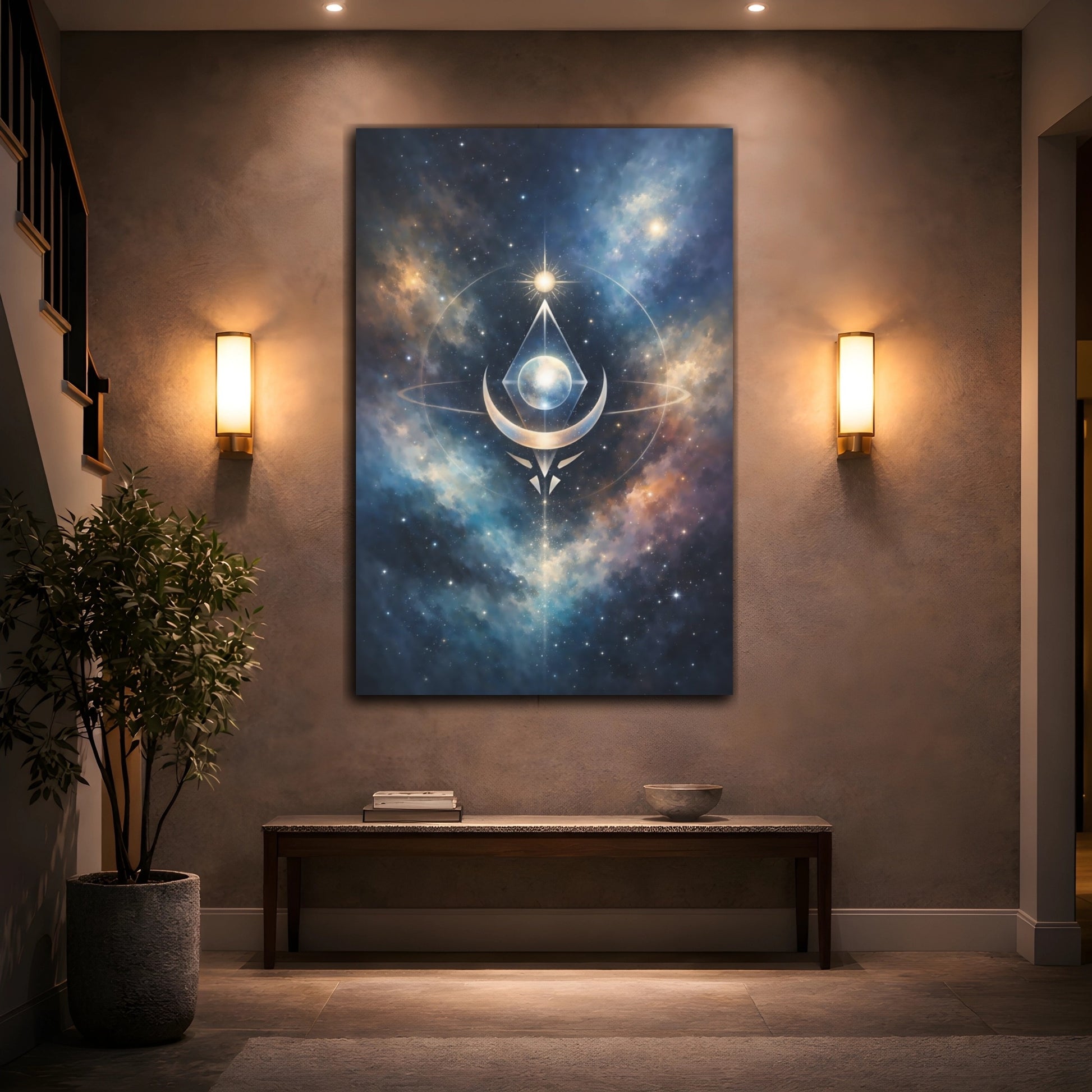 Mockup 3. Abstract Cosmic Symbol Celestial Blue Gold shown as stretched canvas wall art