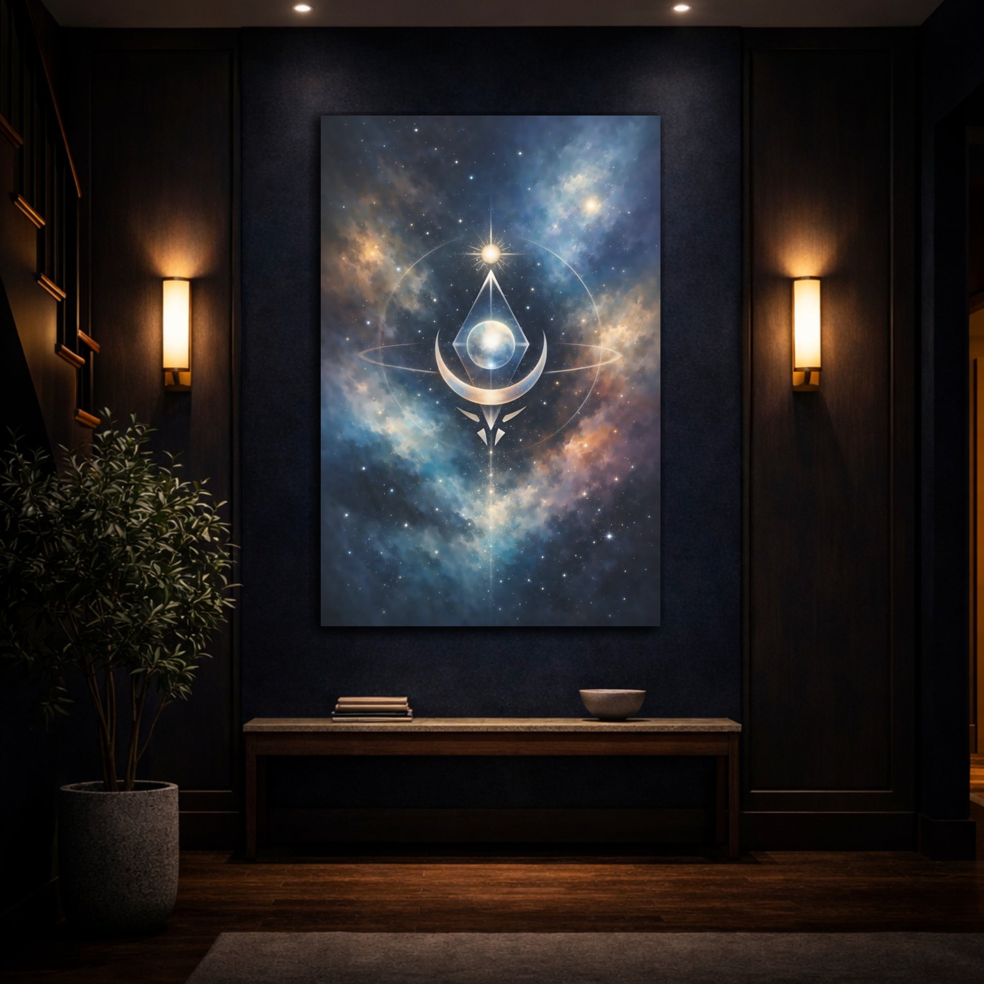 Mockup 4. Abstract Cosmic Symbol Celestial Blue Gold shown as stretched canvas wall art