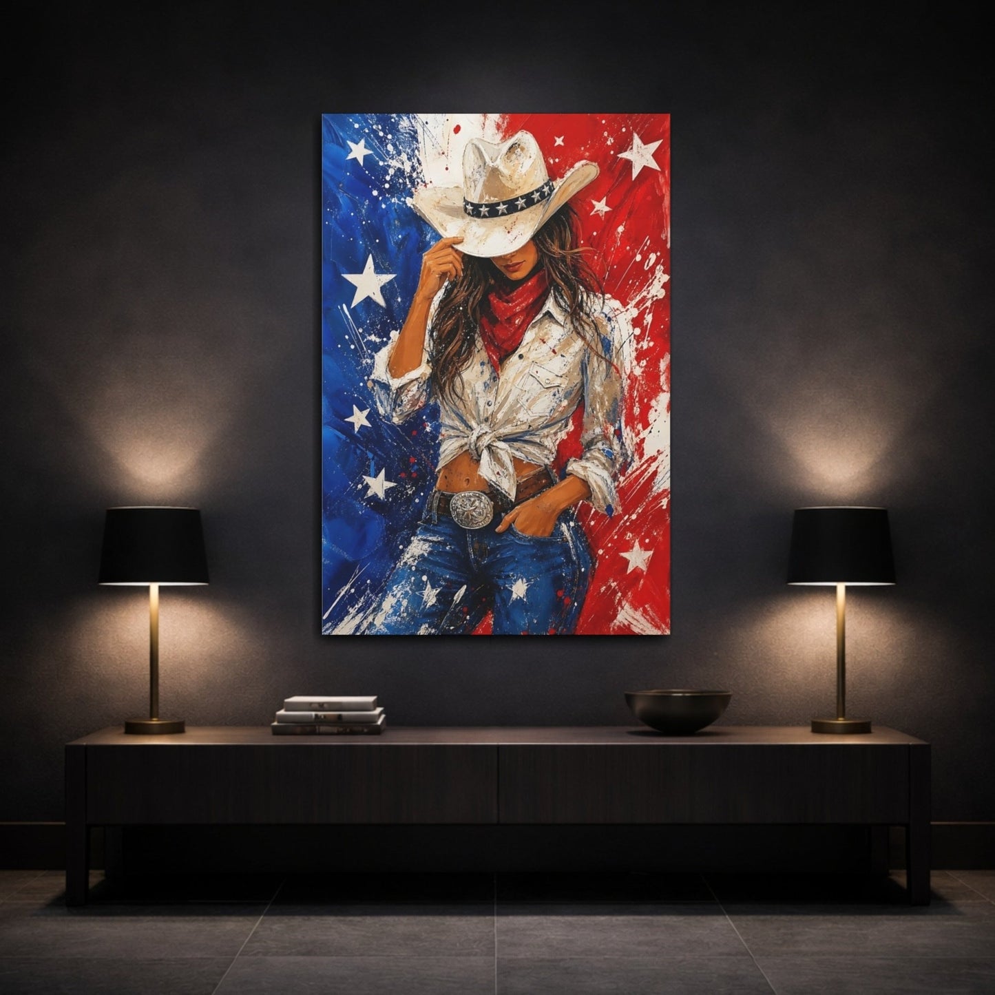 Abstract Cowgirl Red White Blue Canvas Wall Art Print – Living Room Decor, Above Couch - YesArtYes