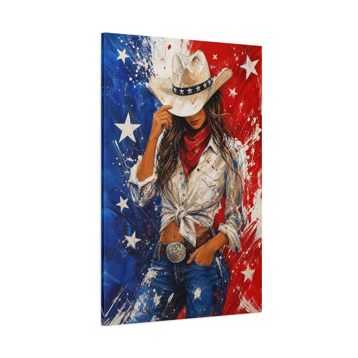 Abstract Cowgirl Red White Blue Canvas Wall Art Print – Living Room Decor, Above Couch - YesArtYes