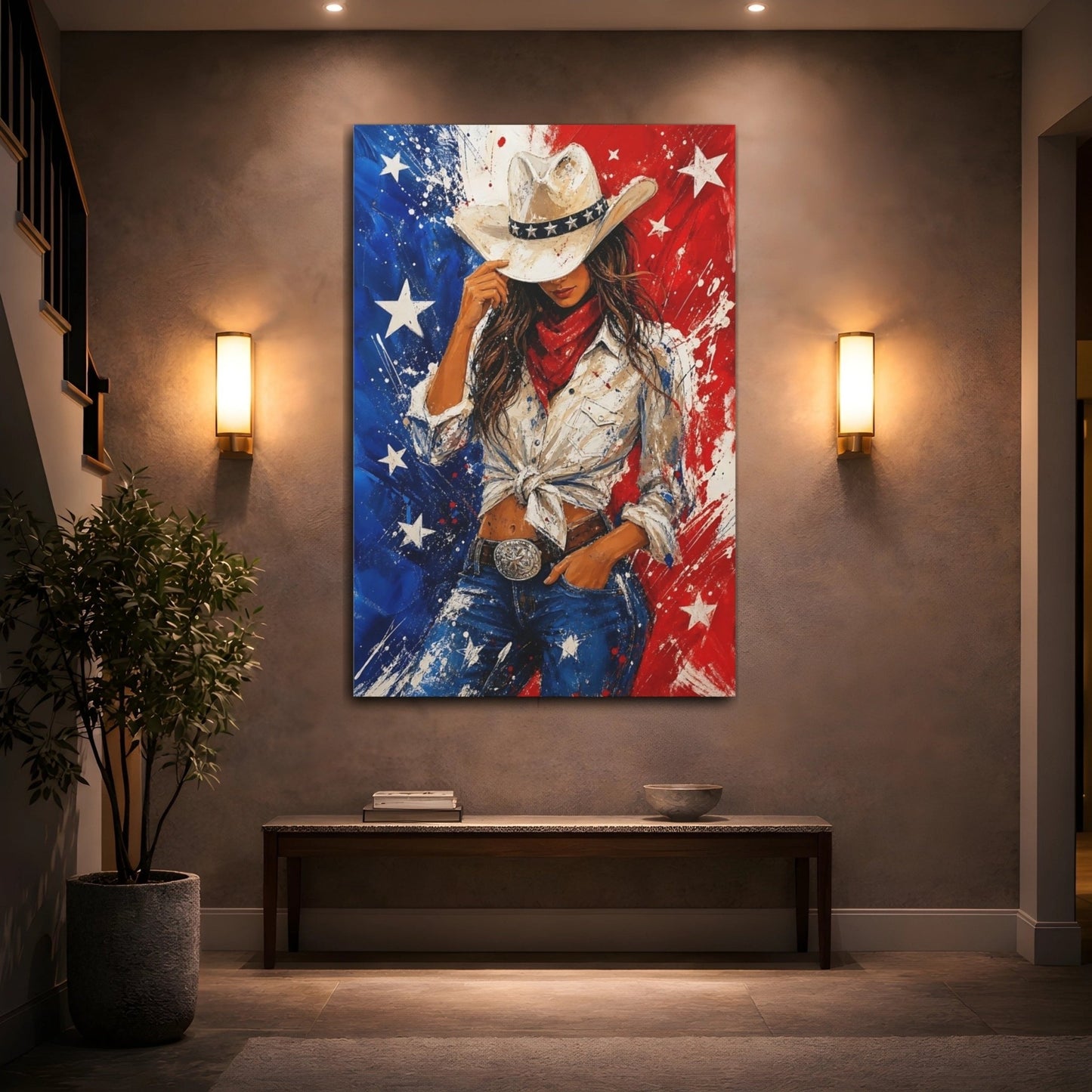 Abstract Cowgirl Red White Blue Canvas Wall Art Print – Living Room Decor, Above Couch - YesArtYes