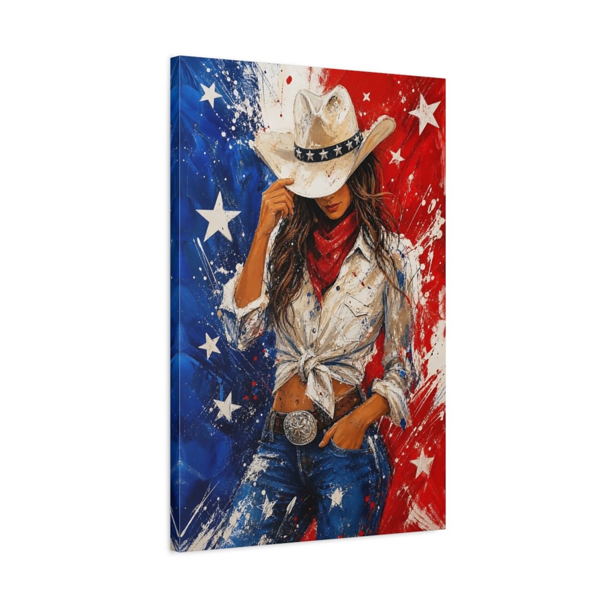 Abstract Cowgirl Red White Blue Canvas Wall Art Print – Living Room Decor, Above Couch - YesArtYes