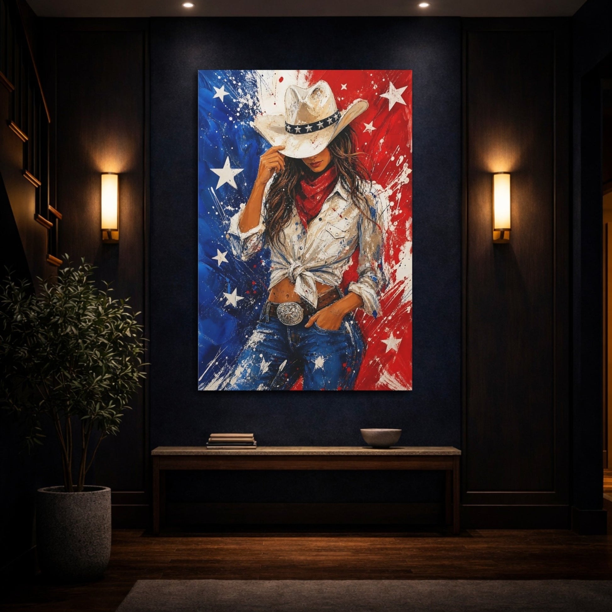Abstract Cowgirl Red White Blue Canvas Wall Art Print – Living Room Decor, Above Couch - YesArtYes