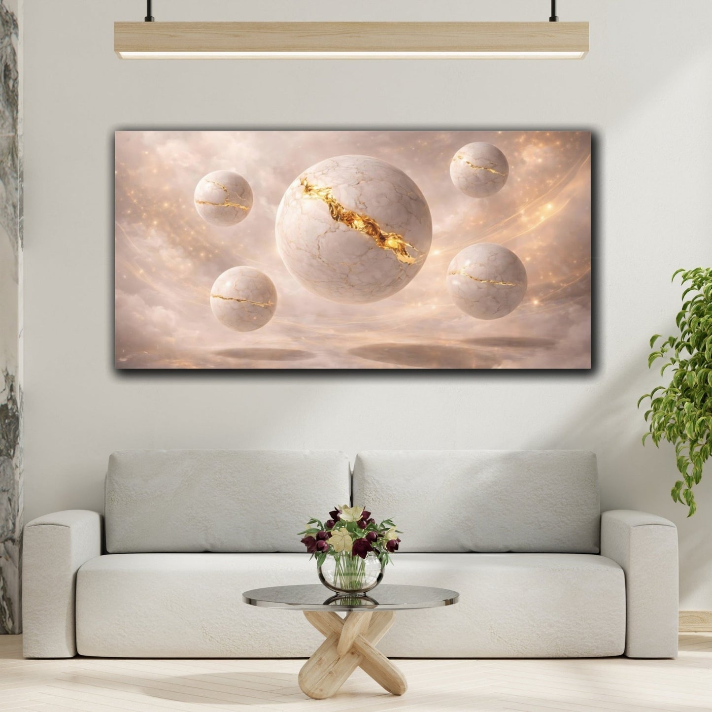 Abstract Cracked Spheres White And Gold - Canvas Wall Art Print - YesArtYes