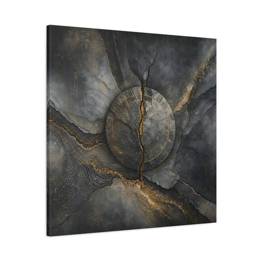 Main Mockup. Abstract Cracked Stone Gray And Gold shown as stretched canvas wall art