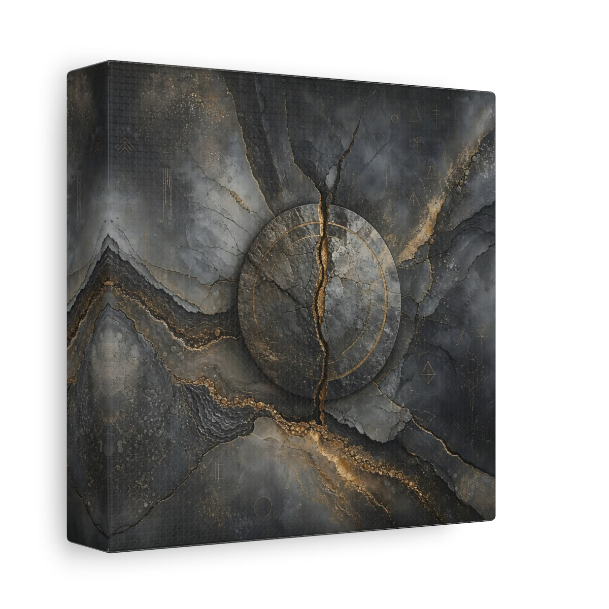 Side Mockup 2. Abstract Cracked Stone Gray And Gold shown as stretched canvas wall art