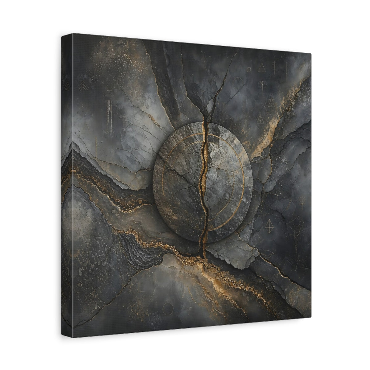 Side Mockup 7. Abstract Cracked Stone Gray And Gold shown as stretched canvas wall art