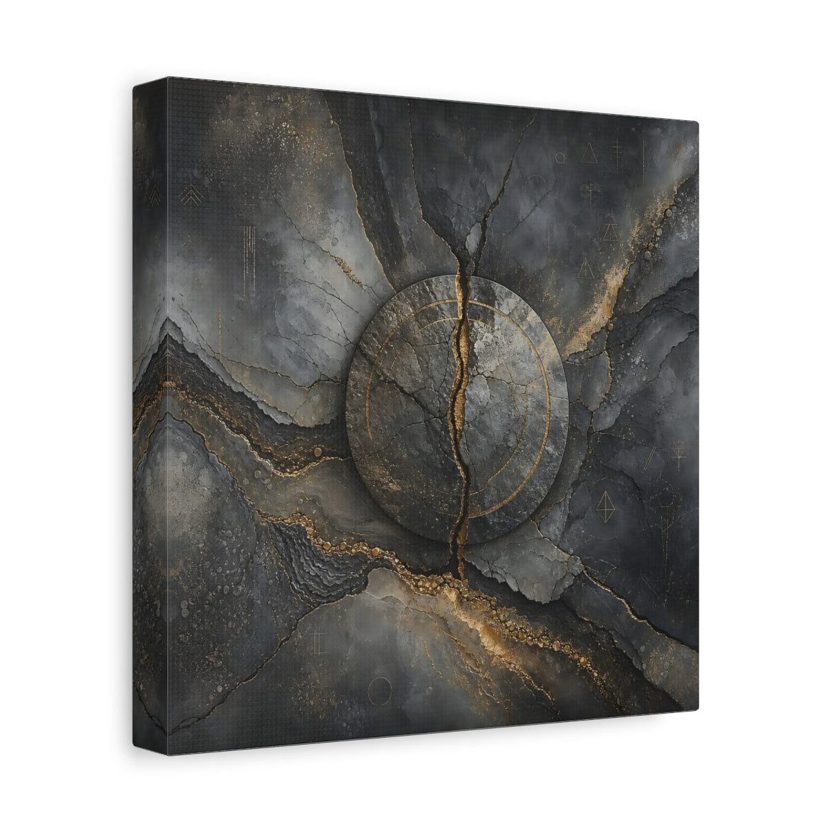 Side Mockup 9. Abstract Cracked Stone Gray And Gold shown as stretched canvas wall art