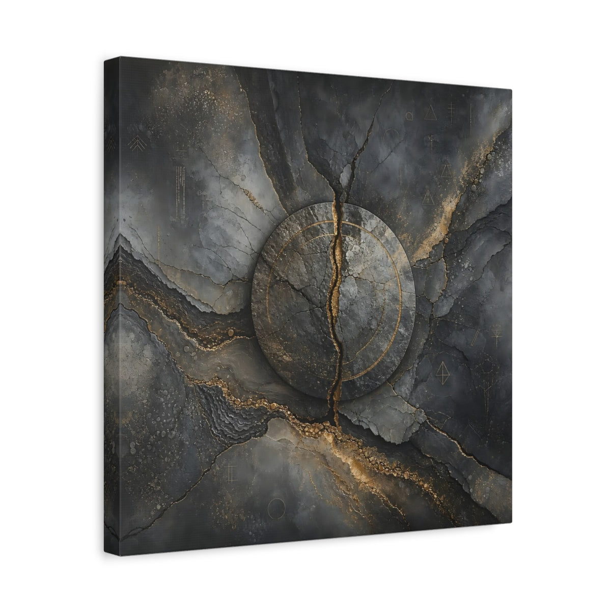 Side Mockup 6. Abstract Cracked Stone Gray And Gold shown as stretched canvas wall art