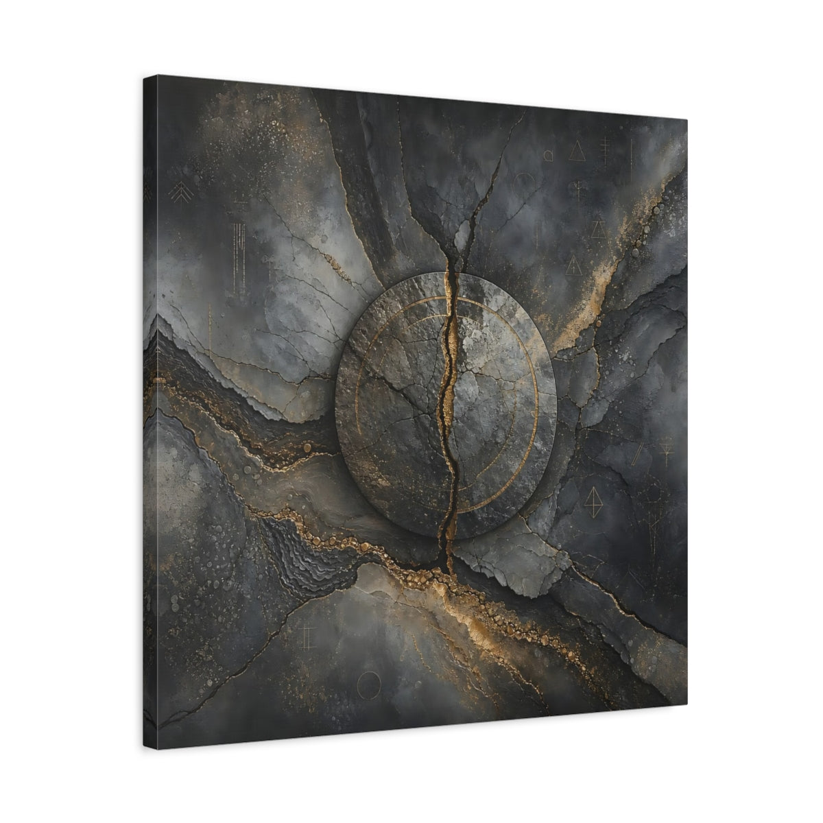 Side Mockup 4. Abstract Cracked Stone Gray And Gold shown as stretched canvas wall art